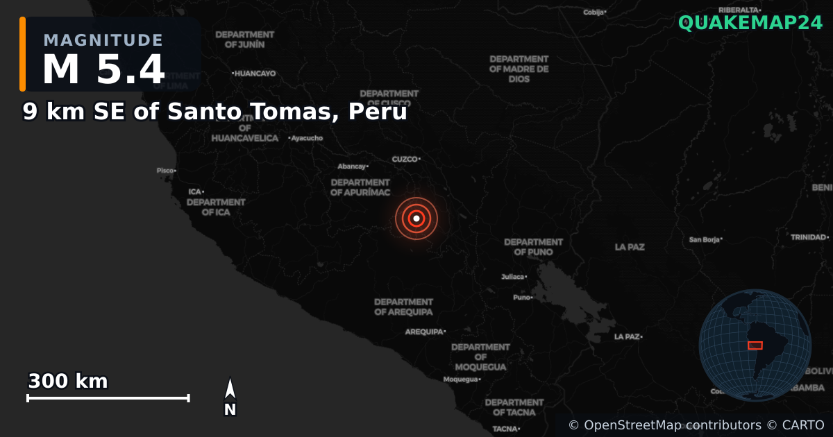 M5.4 earthquake near 9 km SE of Santo Tomas, Peru on Mar 7, 2025 — map of epicenter and shaking intensity | QuakeMap24