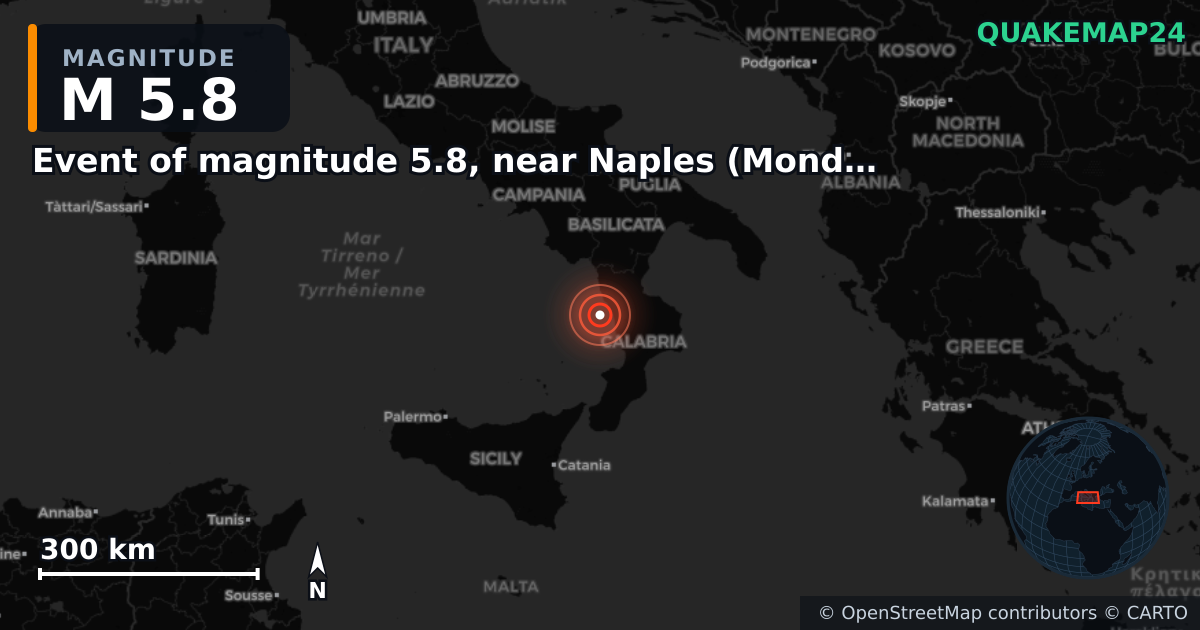 M5.8 earthquake near Event of magnitude 5.8, near Naples (Monde) on Jun 1, 2026 — map of epicenter and shaking intensity | QuakeMap24