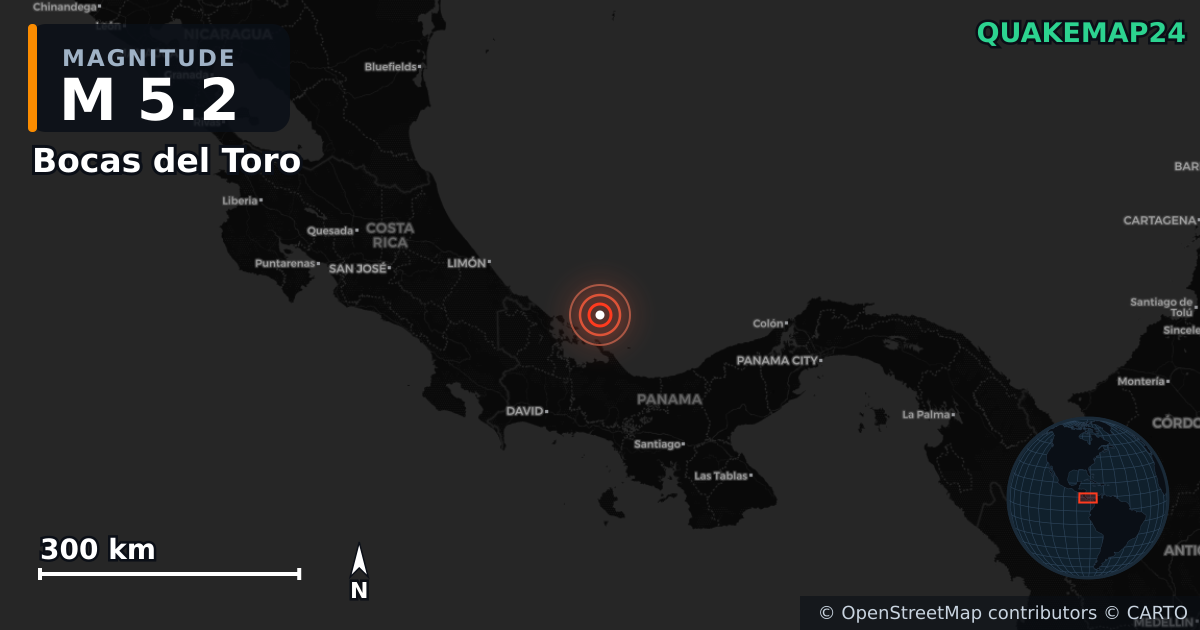 M5.2 earthquake near Bocas del Toro on Feb 28, 2026 — map of epicenter and shaking intensity | QuakeMap24