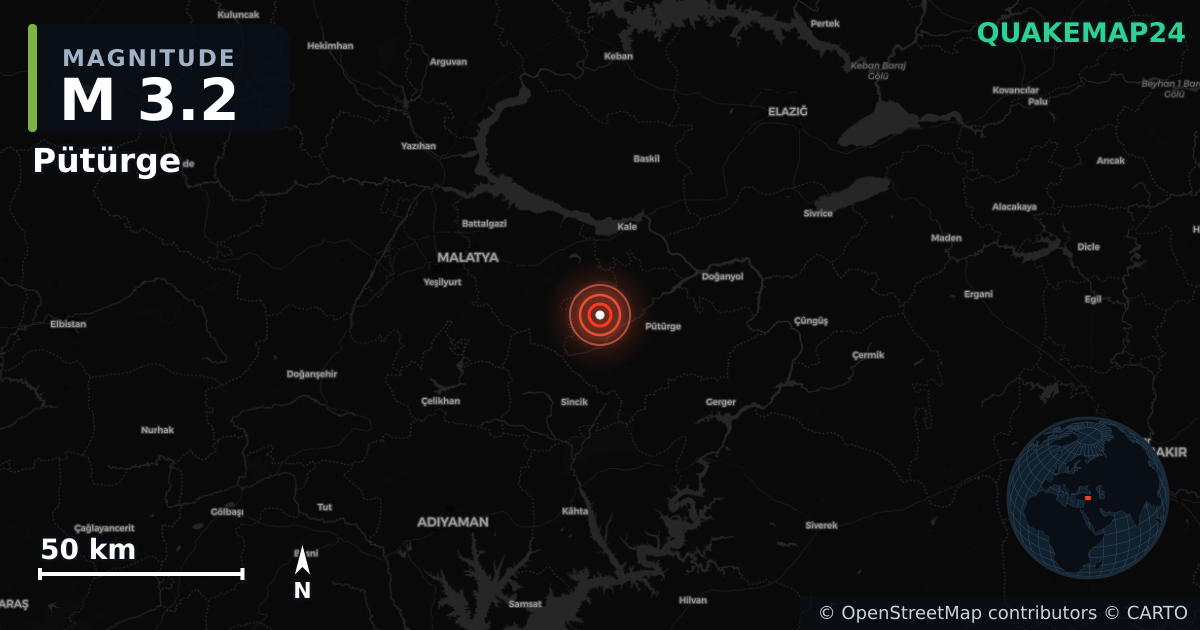 Terremoto de M3,2 cerca de Pütürge, Malatya (Turquía) · 2026-10-01 — Mapa de la ubicación del epicentro