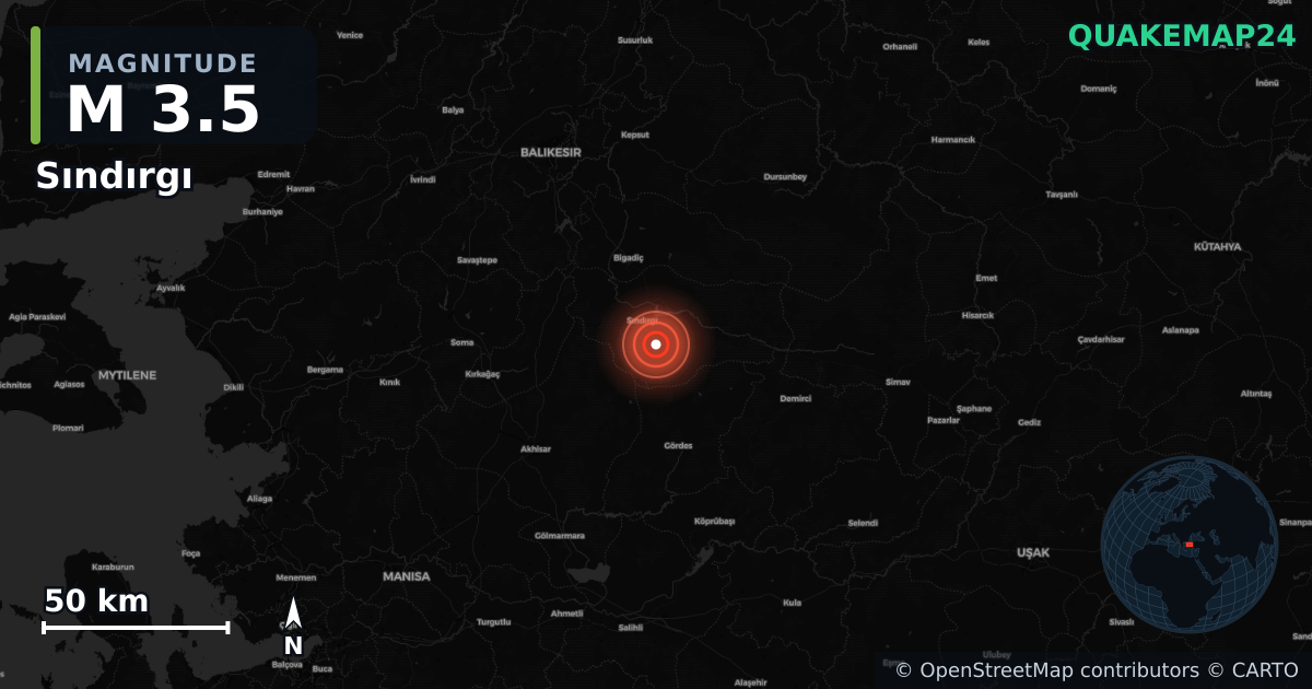 M3.5 earthquake near Sındırgı on Aug 23, 2025 — map of epicenter and shaking intensity | QuakeMap24