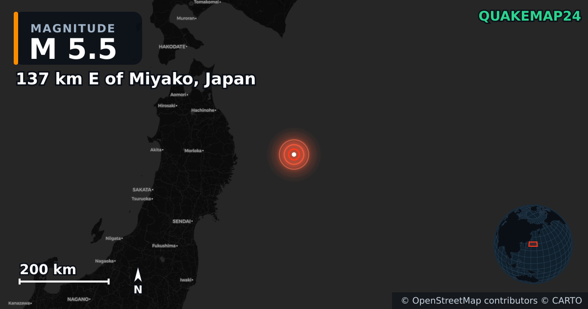 M5.5 earthquake near 137 km E of Miyako, Japan on Nov 21, 2025 — map of epicenter and shaking intensity | QuakeMap24