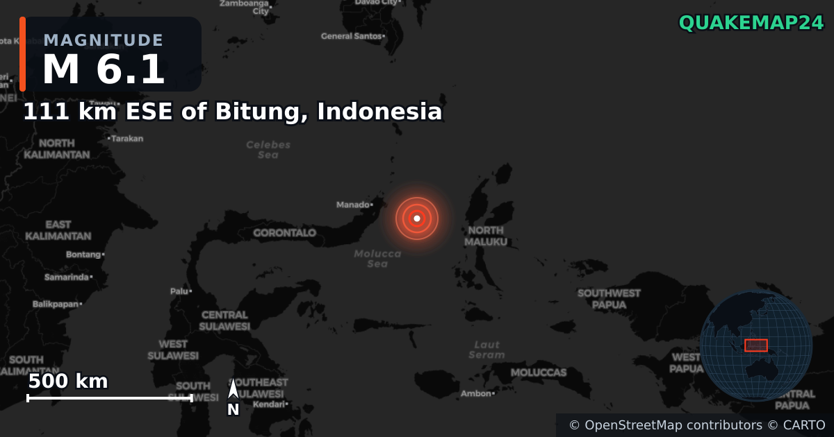 M6.1 earthquake near 111 km ESE of Bitung, Indonesia on Apr 4, 2026 — map of epicenter and shaking intensity | QuakeMap24