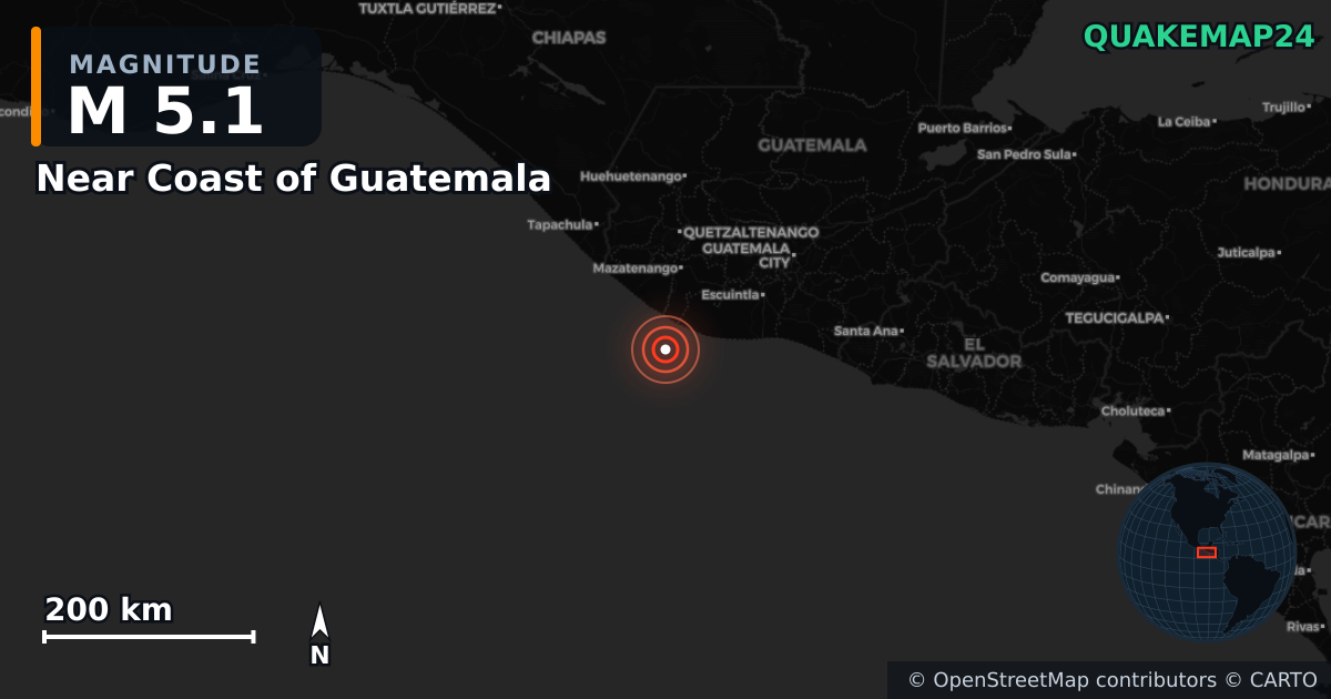 M5.1 earthquake near Near Coast of Guatemala on Jun 28, 2025 — map of epicenter and shaking intensity | QuakeMap24