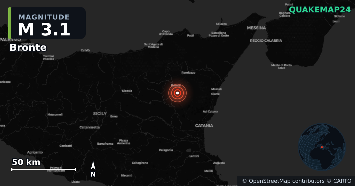 M3.1 earthquake near Bronte on Jan 9, 2026 — map of epicenter and shaking intensity | QuakeMap24
