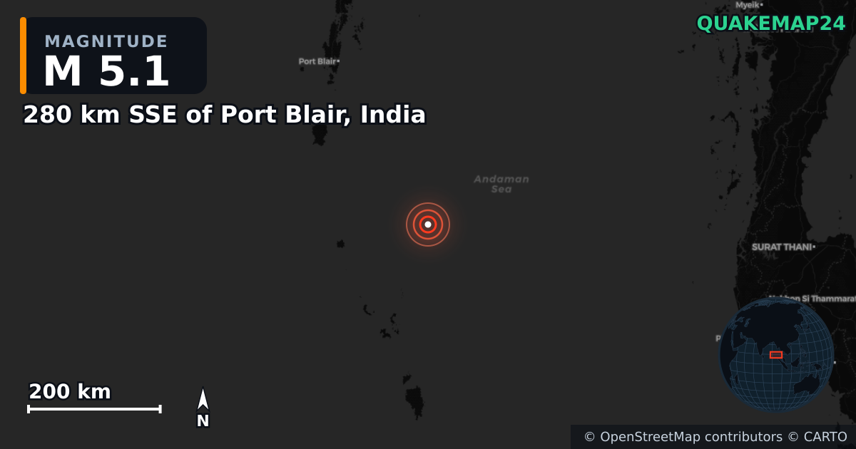 280 km SSE of Port Blair, India yakınında M5,1 deprem · 2025-06-30 — Deprem merkez üssünün konumunu gösteren harita
