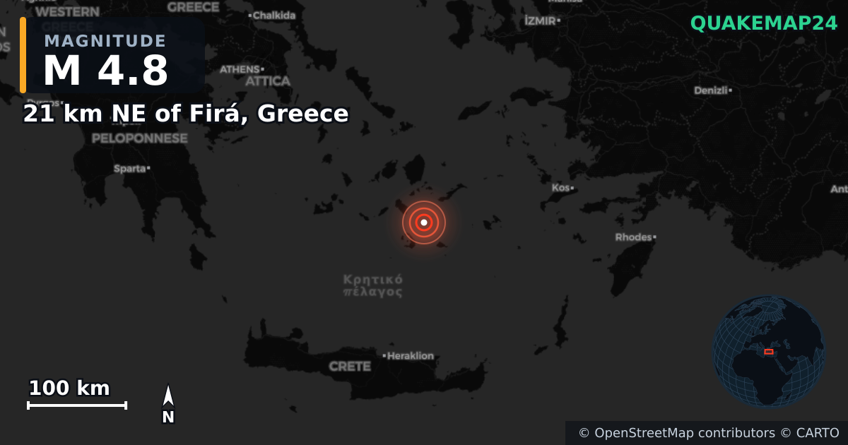 21 km NE of Firá, Greece yakınında M4,8 deprem · 2025-02-12 — Deprem merkez üssünün konumunu gösteren harita