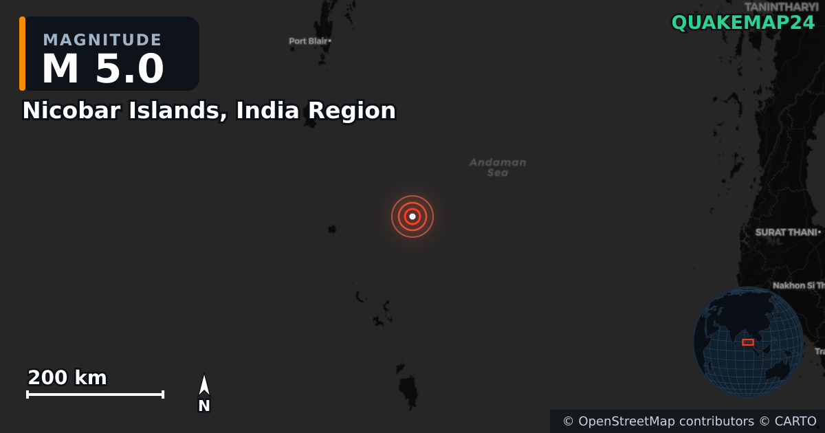 Nicobar Islands, India Region yakınında M5,0 deprem · 2025-06-30 — Deprem merkez üssünün konumunu gösteren harita