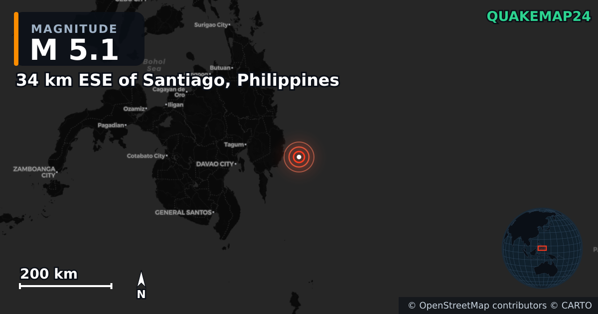 M5.1 earthquake near 34 km ESE of Santiago, Philippines on Oct 10, 2025 — map of epicenter and shaking intensity | QuakeMap24