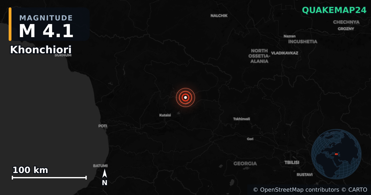 M4.1 earthquake near Khonchiori on Jun 23, 2026 — map of epicenter and shaking intensity | QuakeMap24