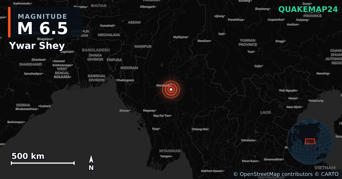 M6.5 earthquake near Ywar Shey on Mar 28, 2025 — map of epicenter and shaking intensity | QuakeMap24