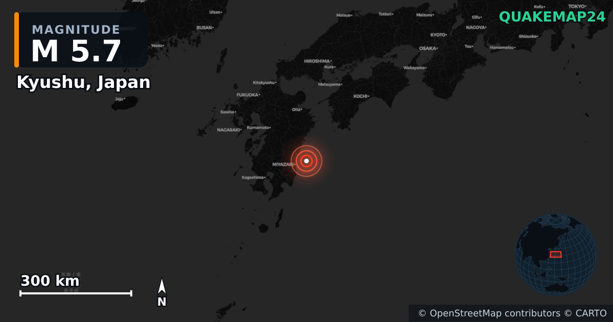 M5.7 earthquake near Kyushu, Japan on Aug 16, 2025 — map of epicenter and shaking intensity | QuakeMap24