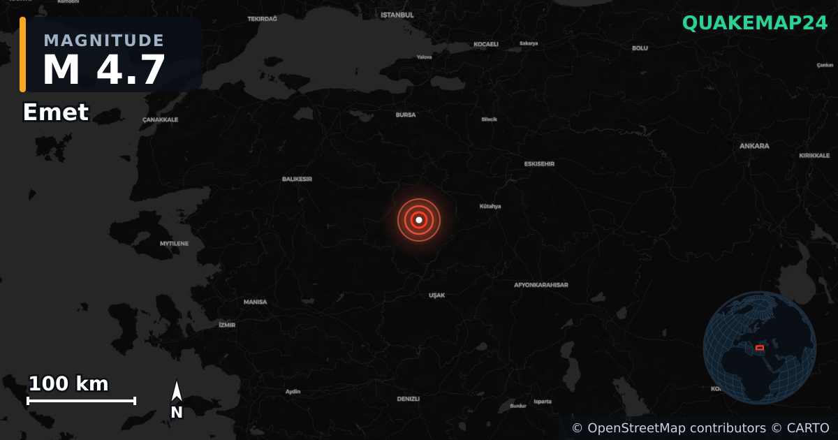 M4.7 earthquake near Emet on Oct 8, 2025 — map of epicenter and shaking intensity | QuakeMap24