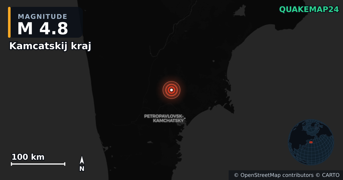 M4.8 earthquake near Kamcatskij kraj on Jul 20, 2025 — map of epicenter and shaking intensity | QuakeMap24