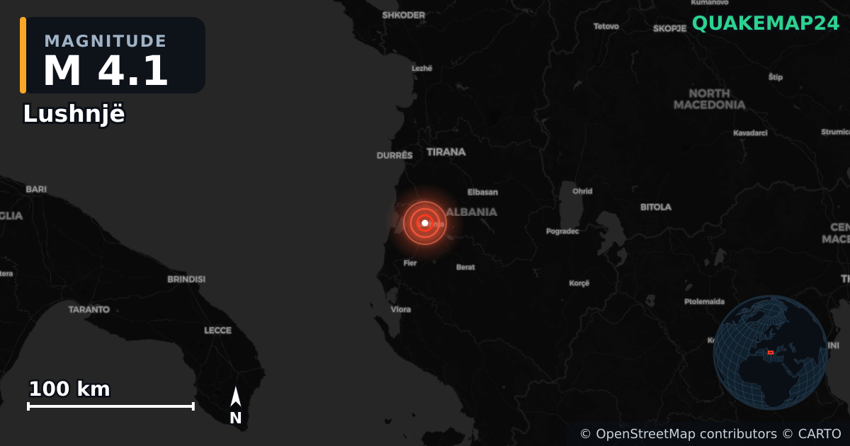 M4.1 earthquake near Lushnjë on Feb 24, 2026 — map of epicenter and shaking intensity | QuakeMap24