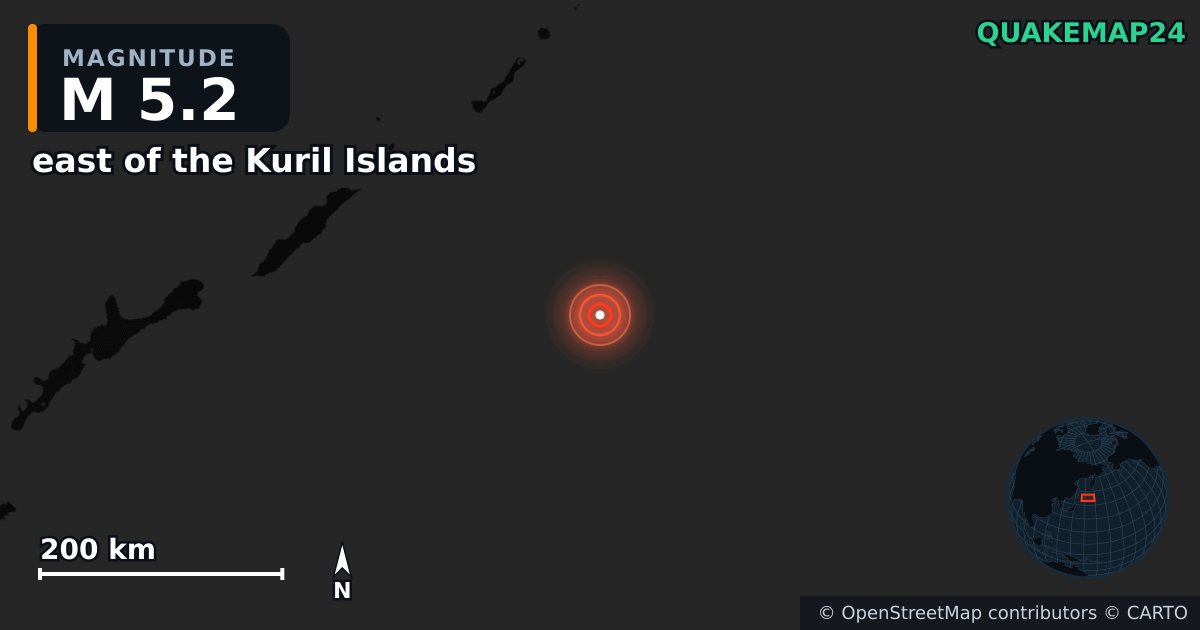 M5.2 earthquake near east of the Kuril Islands on Feb 16, 2025 — map of epicenter and shaking intensity | QuakeMap24