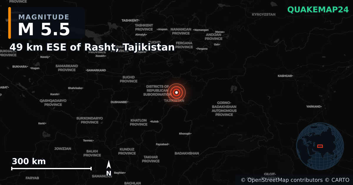 M5.5 earthquake near 49 km ESE of Rasht, Tajikistan on Apr 3, 2026 — map of epicenter and shaking intensity | QuakeMap24