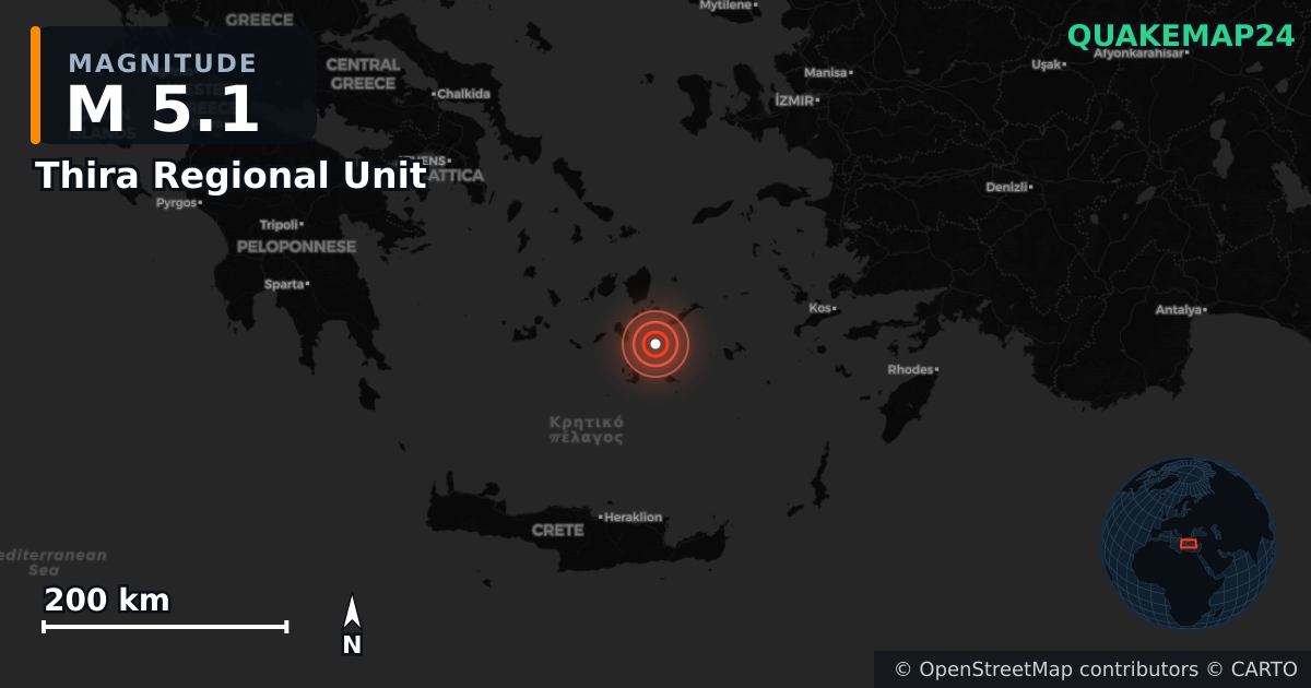 M5.1 earthquake near Thira Regional Unit on Feb 5, 2025 — map of epicenter and shaking intensity | QuakeMap24