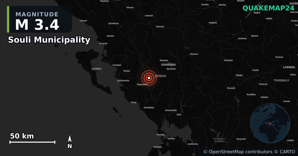M3.4 earthquake near Souli Municipality on Mar 31, 2026 — map of epicenter and shaking intensity | QuakeMap24