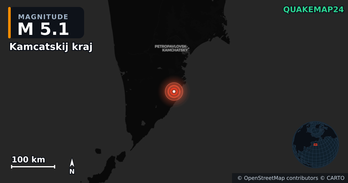 M5.1 earthquake near Kamcatskij kraj on Jul 30, 2025 — map of epicenter and shaking intensity | QuakeMap24