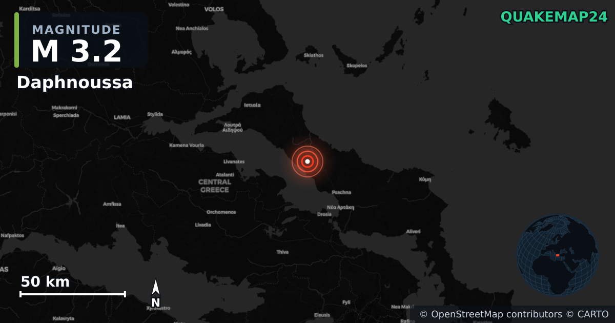 M3.2 earthquake near Daphnoussa on Jul 20, 2026 — map of epicenter and shaking intensity | QuakeMap24
