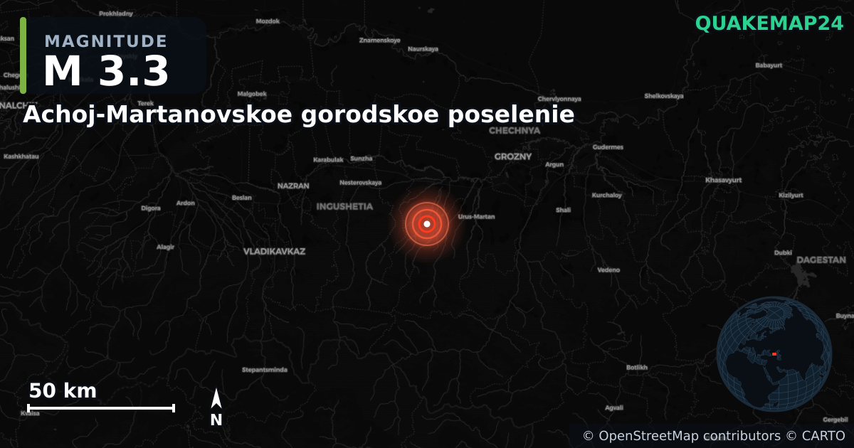 M3.3 earthquake near Achoj-Martanovskoe gorodskoe poselenie on Jul 1, 2026 — map of epicenter and shaking intensity | QuakeMap24