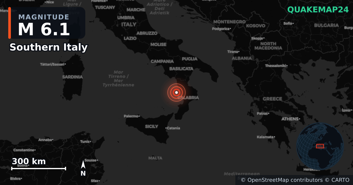 M6.1 earthquake near Southern Italy on Jun 1, 2026 — map of epicenter and shaking intensity | QuakeMap24