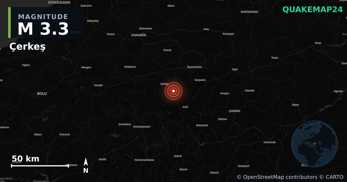 M3.3 earthquake near Çerkeş on Mar 22, 2026 — map of epicenter and shaking intensity | QuakeMap24