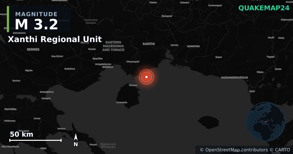 M3.2 earthquake near Xanthi Regional Unit on May 10, 2026 — map of epicenter and shaking intensity | QuakeMap24