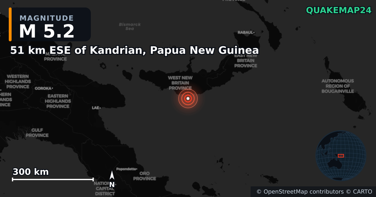 M5.2 earthquake near 51 km ESE of Kandrian, Papua New Guinea on Mar 27, 2025 — map of epicenter and shaking intensity | QuakeMap24