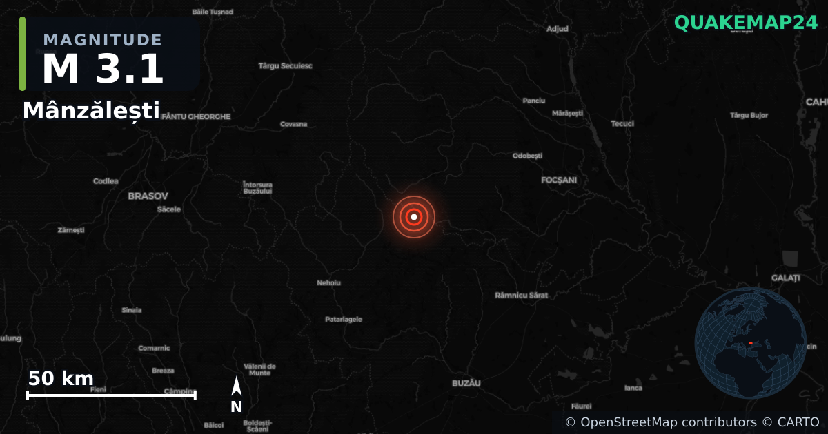 M3.1 earthquake near Mânzălești on Jul 28, 2026 — map of epicenter and shaking intensity | QuakeMap24