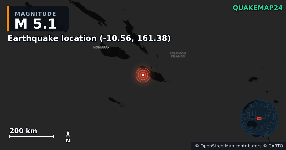 M5.1 earthquake near Erdbeben-Standort (-10.56, 161.38) on Apr 18, 2026 — map of epicenter and shaking intensity | QuakeMap24