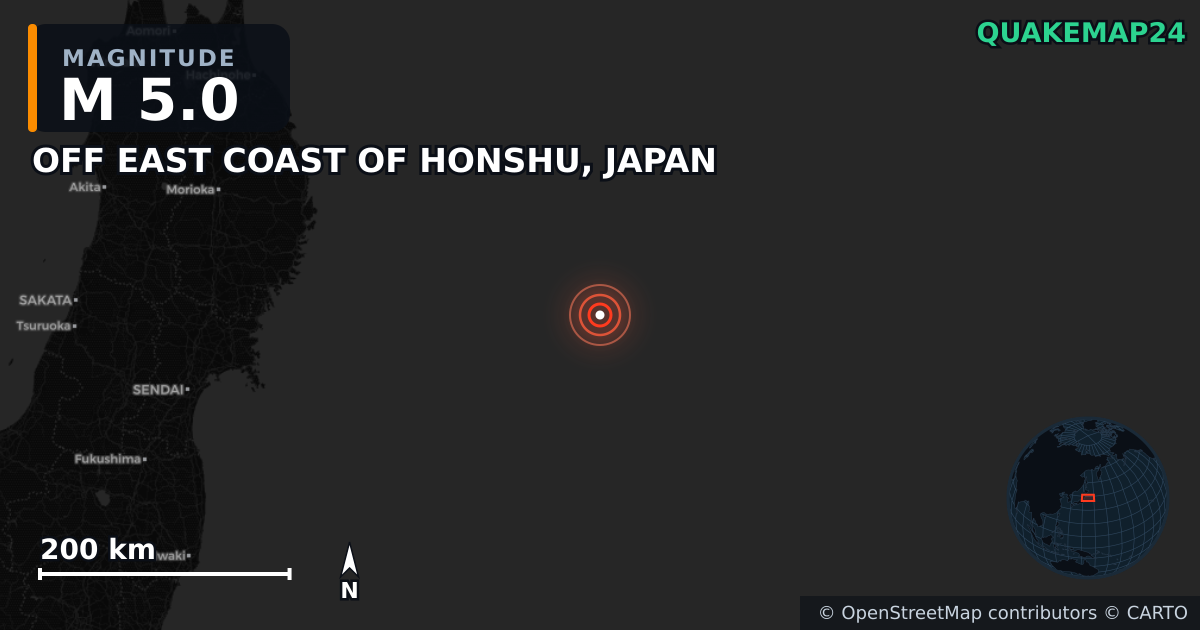 OFF EAST COAST OF HONSHU, JAPAN yakınında M5,0 deprem — Deprem merkez üssünün konumunu gösteren harita