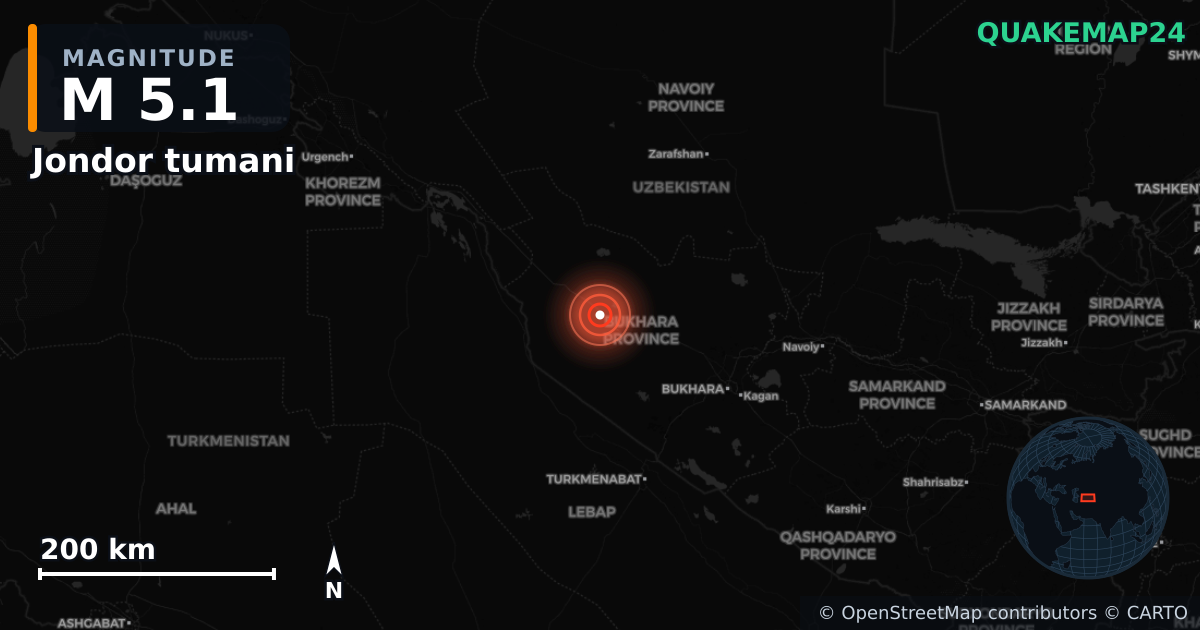 M5.1 earthquake near Jondor tumani on May 19, 2026 — map of epicenter and shaking intensity | QuakeMap24