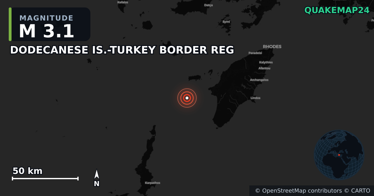 M3.1 earthquake near DODECANESE IS.-TURKEY BORDER REG on Dec 11, 2025 — map of epicenter and shaking intensity | QuakeMap24