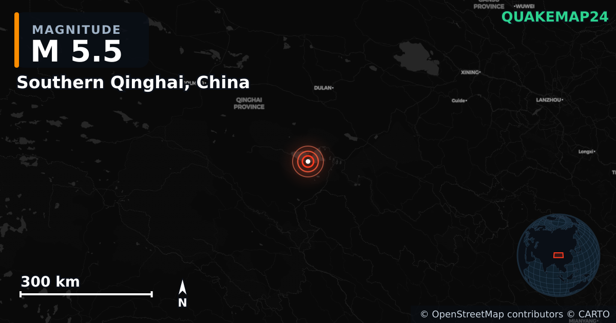 M5.5 earthquake near Southern Qinghai, China on Jan 8, 2025 — map of epicenter and shaking intensity | QuakeMap24