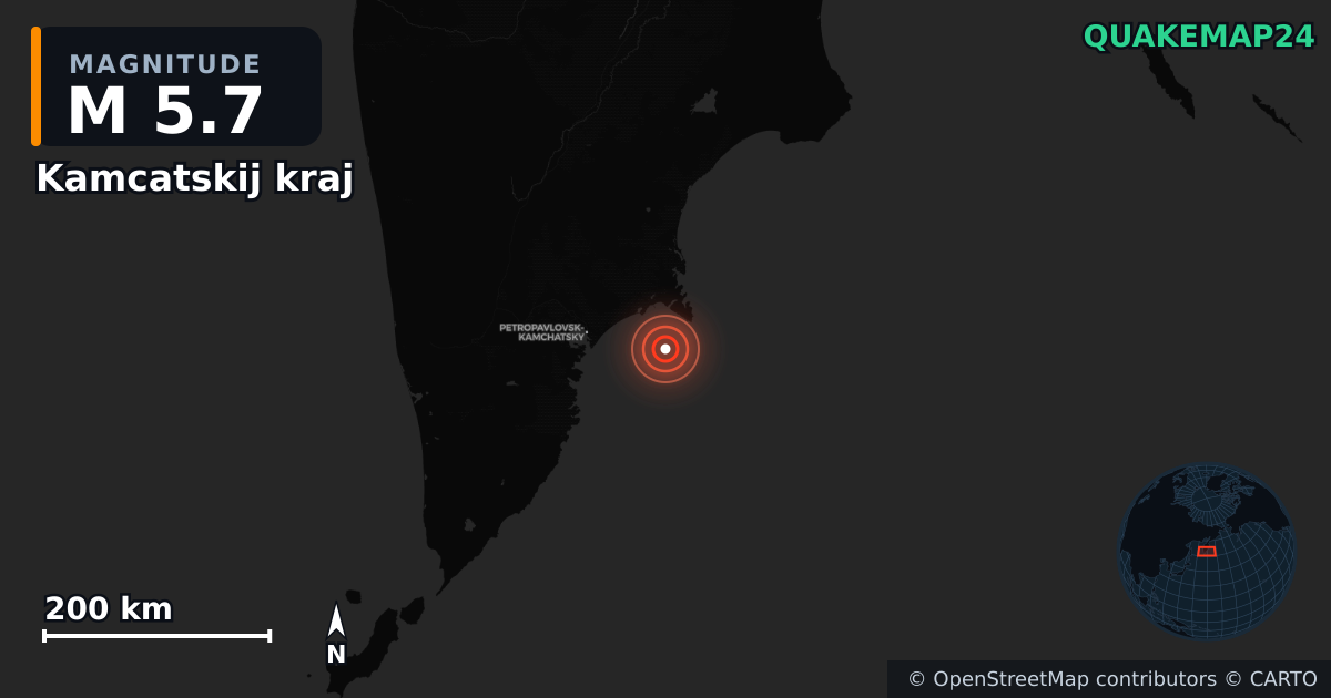M5.7 earthquake near Kamcatskij kraj on Aug 15, 2025 — map of epicenter and shaking intensity | QuakeMap24