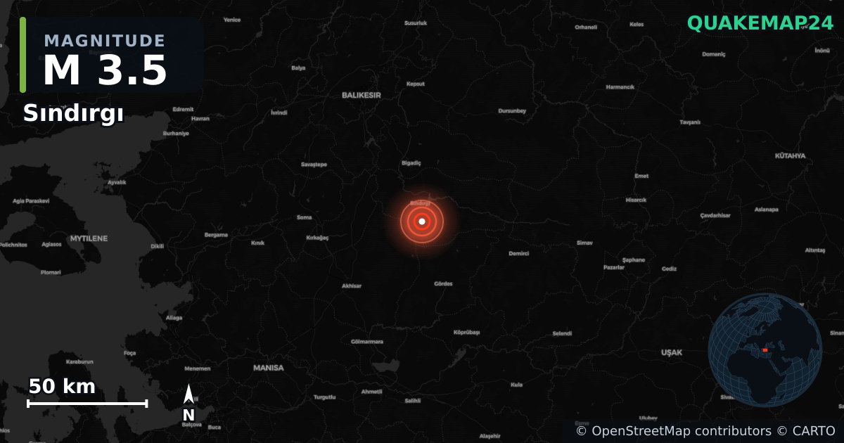 M3.5 earthquake near Sındırgı on Aug 13, 2025 — map of epicenter and shaking intensity | QuakeMap24