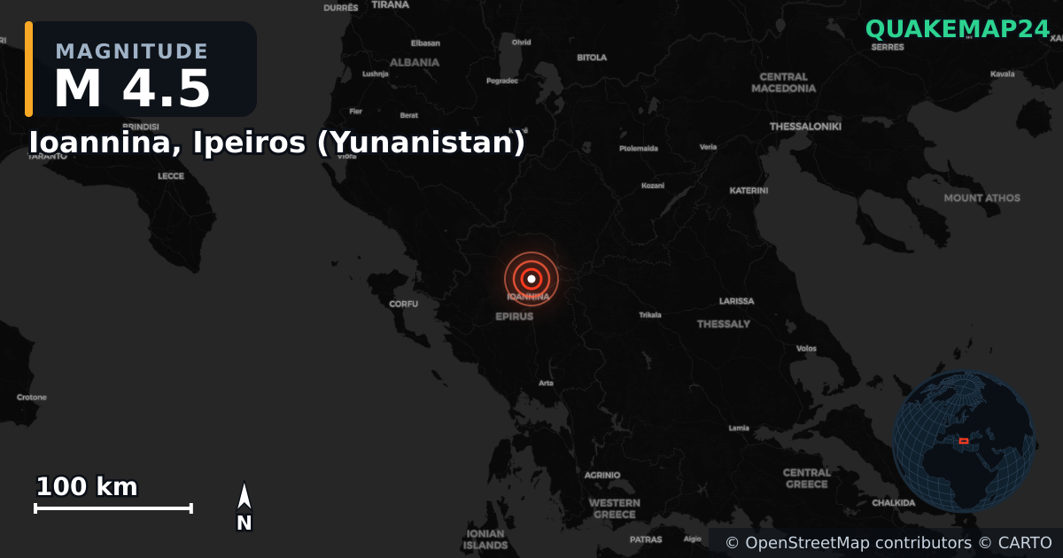 M4.5 earthquake near Ioannina, Ipeiros (Yunanistan) on Mar 20, 2026 — map of epicenter and shaking intensity | QuakeMap24