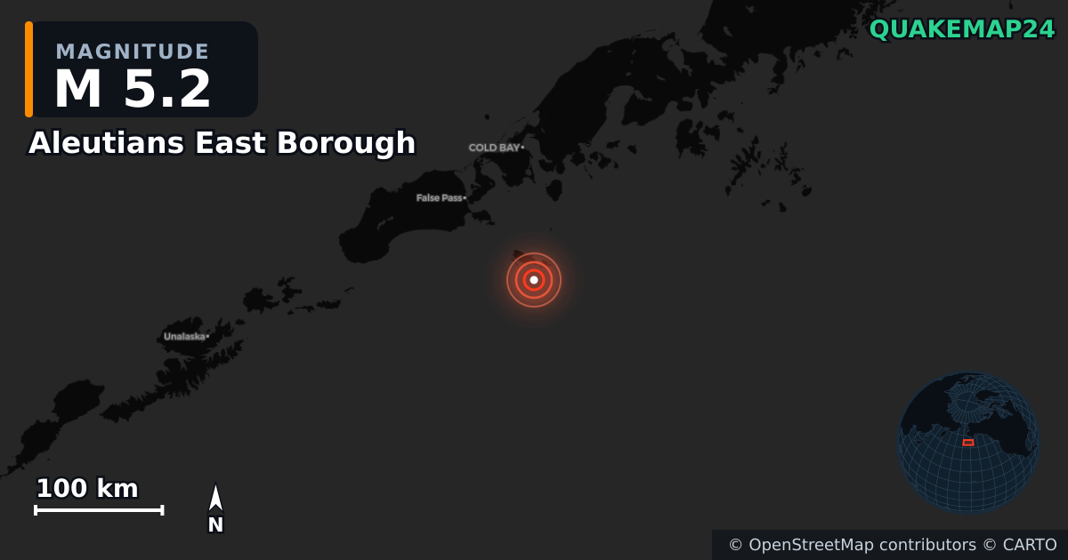 M5.2 earthquake near Aleutians East Borough on Apr 12, 2026 — map of epicenter and shaking intensity | QuakeMap24