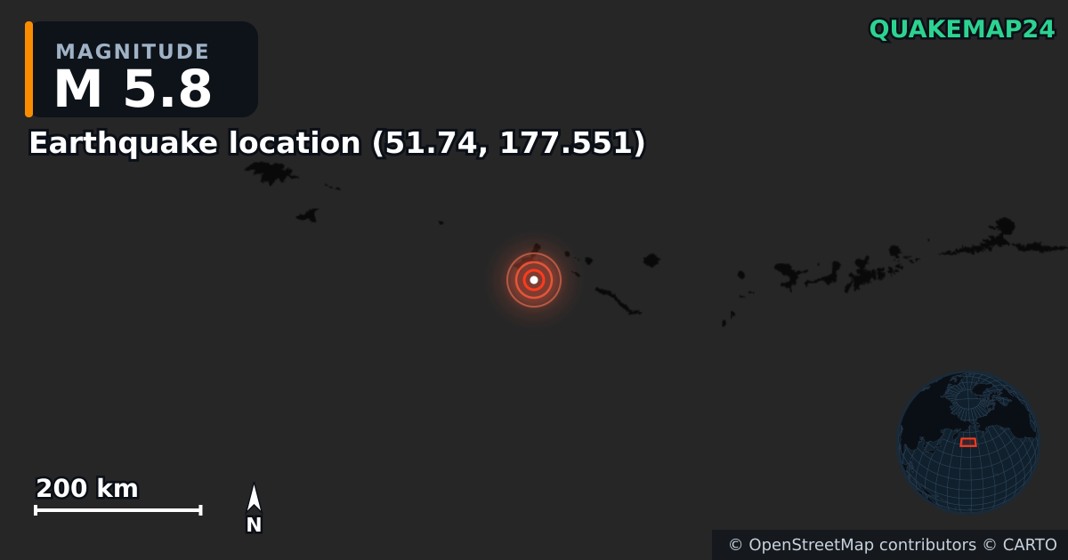 M5.8 earthquake near Local do sismo (51.74, 177.551) on Jun 29, 2025 — map of epicenter and shaking intensity | QuakeMap24