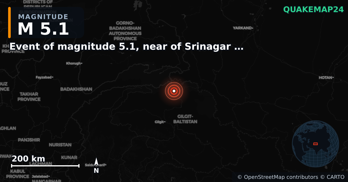 M5.1 earthquake near Event of magnitude 5.1, near of Srinagar (Monde) on Mar 26, 2026 — map of epicenter and shaking intensity | QuakeMap24