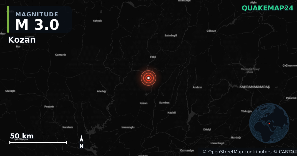 M3.0 earthquake near Kozan on Aug 8, 2025 — map of epicenter and shaking intensity | QuakeMap24