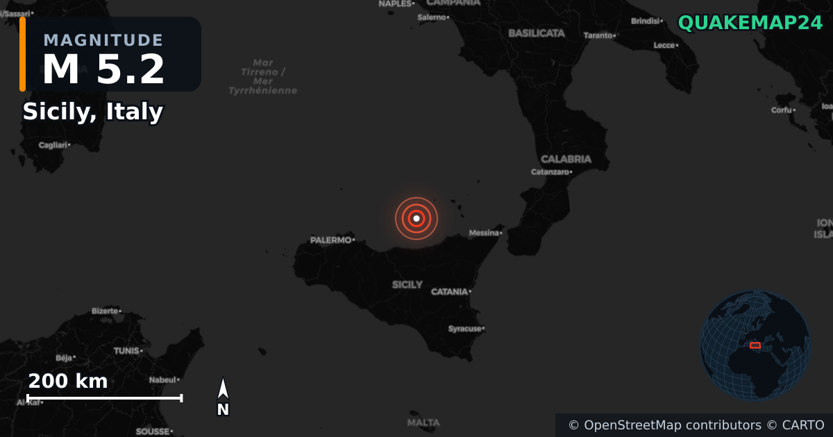 M5.2 earthquake near Sicily, Italy on Mar 21, 2026 — map of epicenter and shaking intensity | QuakeMap24