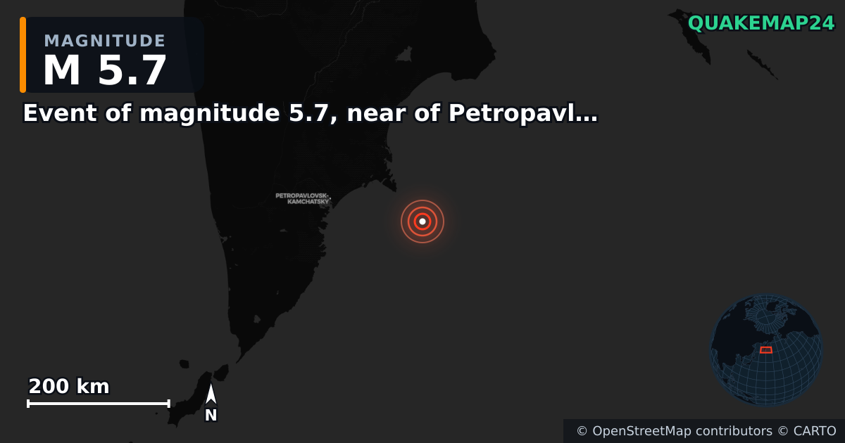 M5.7 earthquake near Event of magnitude 5.7, near of Petropavlovsk Kamchatskiy (Monde) on Sep 15, 2025 — map of epicenter and shaking intensity | QuakeMap24