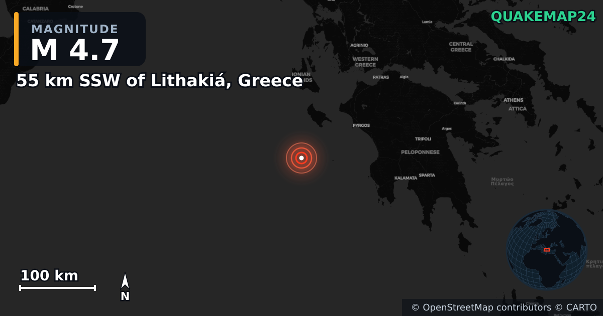 Erdbeben M4,7 bei 55 km SSW of Lithakiá, Greece · 2025-07-11 — Karte der Lage des Epizentrums