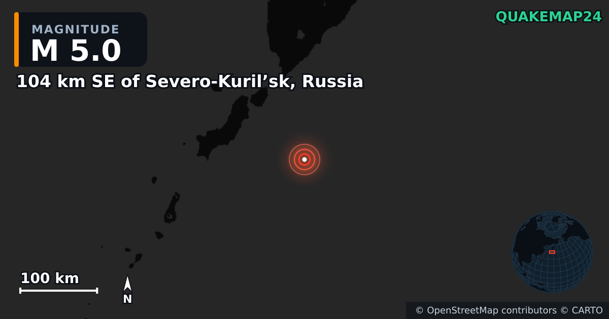 M5.0 earthquake near 104 km SE of Severo-Kuril’sk, Russia on Jul 31, 2025 — map of epicenter and shaking intensity | QuakeMap24
