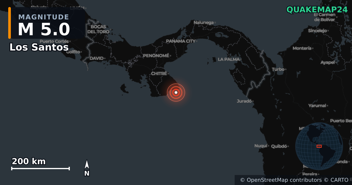 Erdbeben M5,0 bei Los Santos (Panama) · 2026-10-09 — Karte der Lage des Epizentrums
