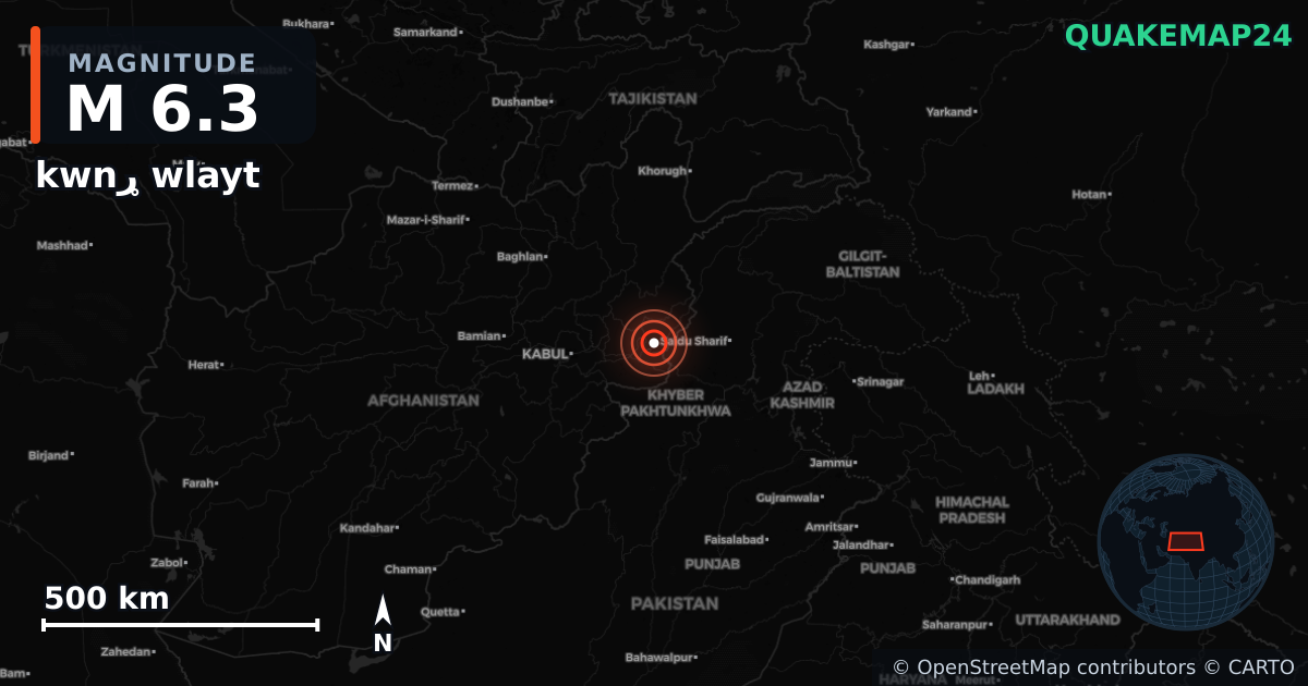 M6.3 earthquake near kwnړ wlayt on Sep 4, 2025 — map of epicenter and shaking intensity | QuakeMap24