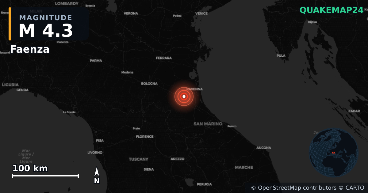 M4.3 earthquake near Faenza on Jan 13, 2026 — map of epicenter and shaking intensity | QuakeMap24
